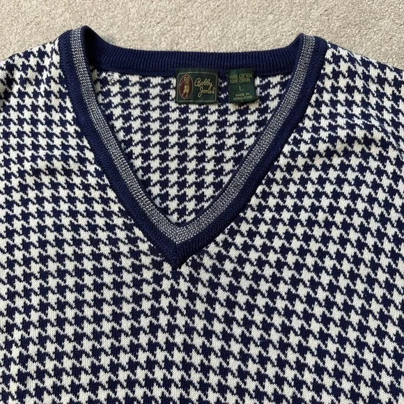 Vintage Bobby Jones Sweater Vest Mens L Blue Houndstooth Cotton Golf Preppy - Picture 2 of 8